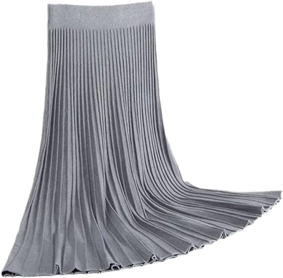 KEHAIOO Women Long Knitted A Line Skirts Autumn Winter Elastic High Waist Pleated Skirt High-Street Midi Skirts