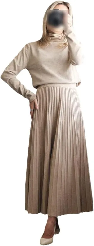 KEHAIOO Women Long Knitted A Line Skirts Autumn Winter Elastic High Waist Pleated Skirt High-Street Midi Skirts