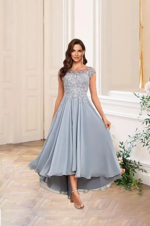 Lace Applique A Line Mother of The Bride Dress for Women Cap Sleeve High Low Formal Evening Dress