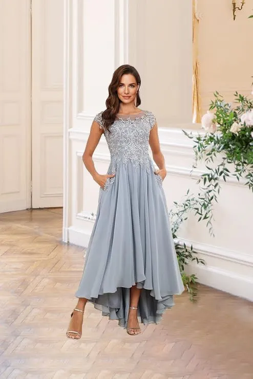 Lace Applique A Line Mother of The Bride Dress for Women Cap Sleeve High Low Formal Evening Dress