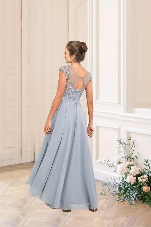 Lace Applique A Line Mother of The Bride Dress for Women Cap Sleeve High Low Formal Evening Dress