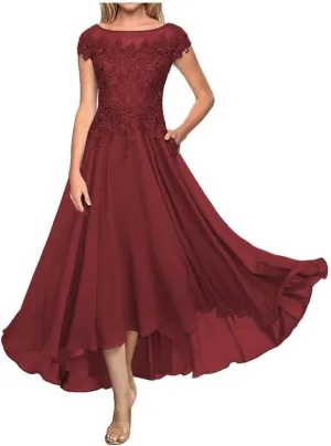Lace Applique A Line Mother of The Bride Dress for Women Cap Sleeve High Low Formal Evening Dress
