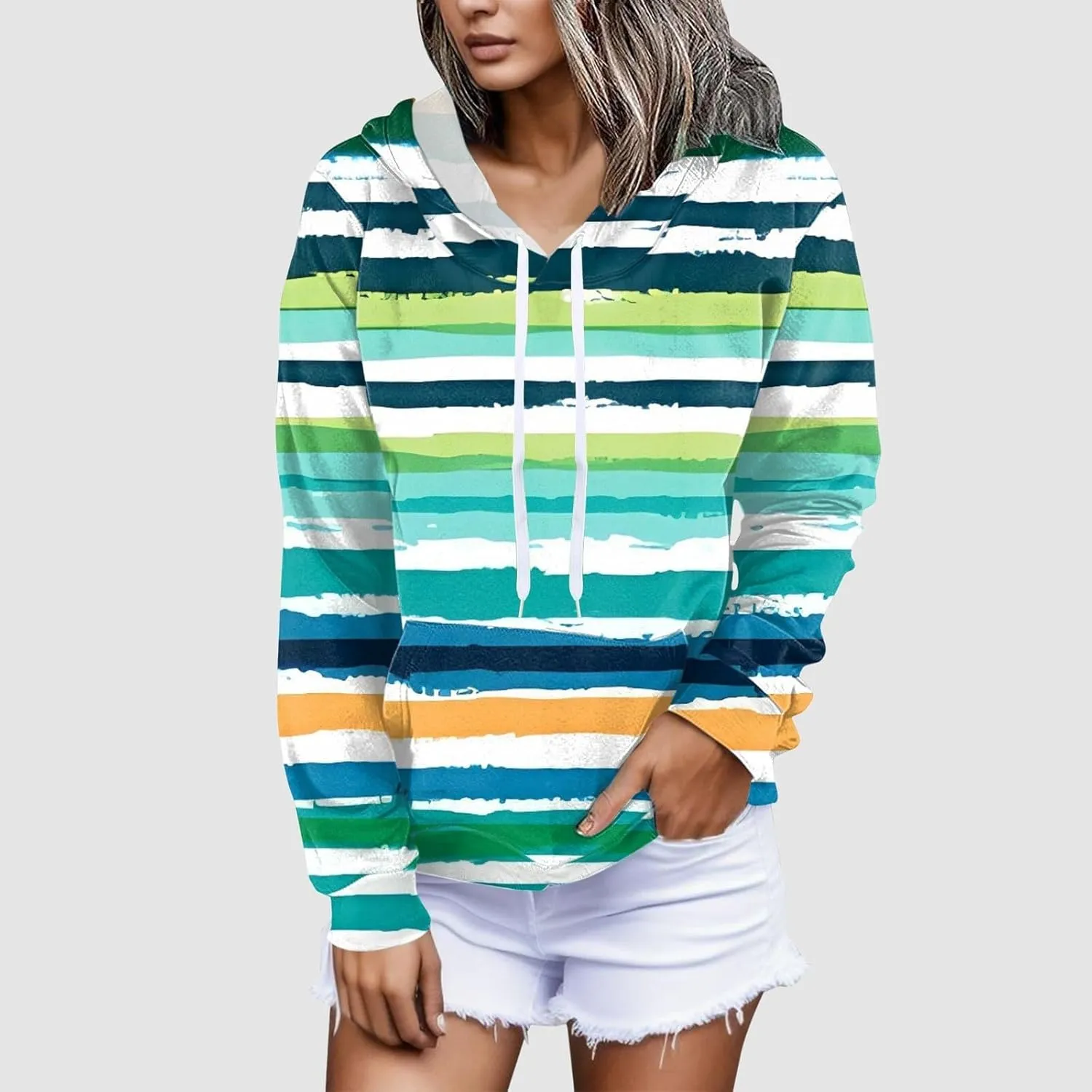Ladies Long Sleeve Hoodies Daily Crewneck Dressy Sweatshirts Drawstring Casual Drawstring Pullover 2025 With Pockets