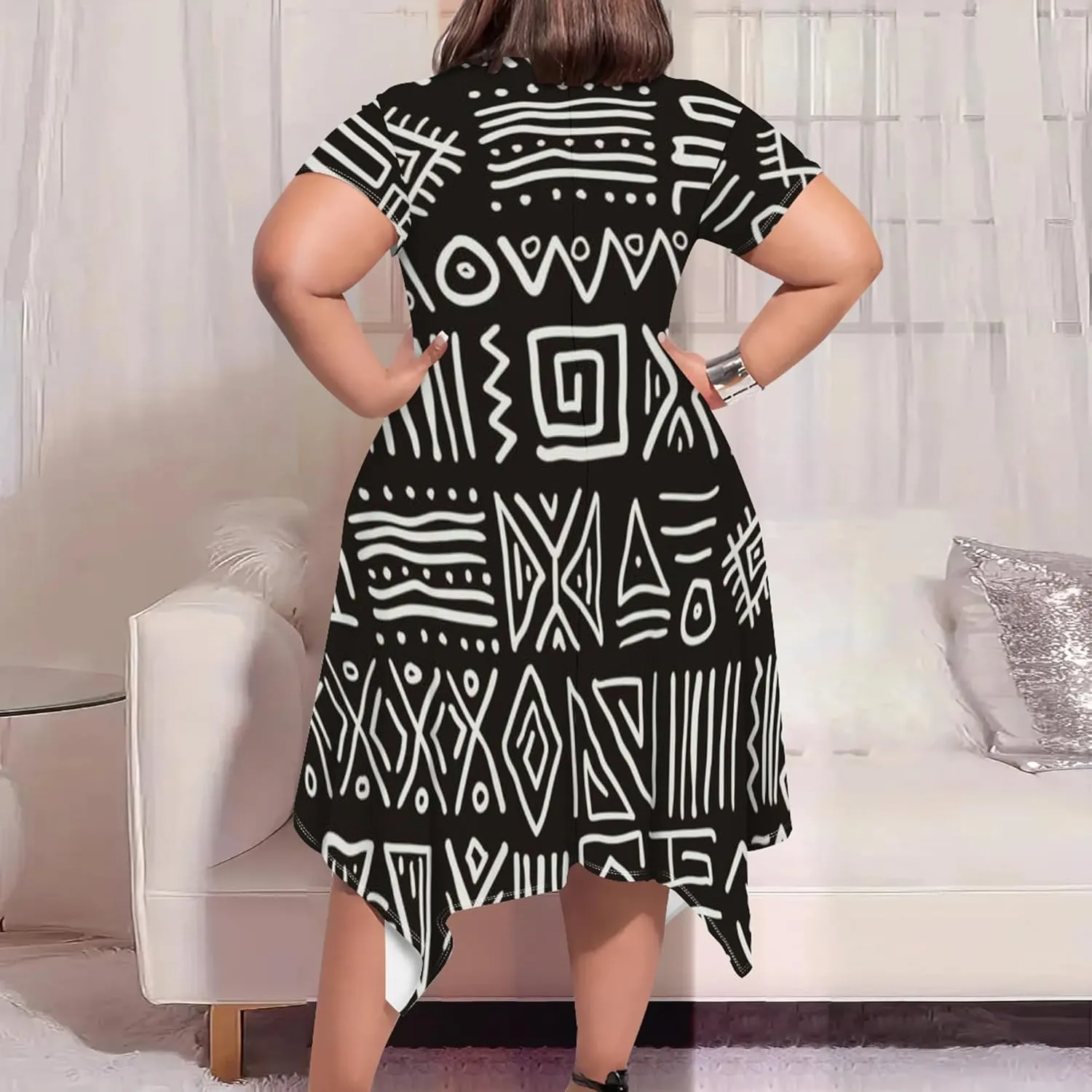 Large Size Curve Slim Tshirt Dress Plus Size Short Sleeve Midi Dress African Tribal Print Dress with Pockets