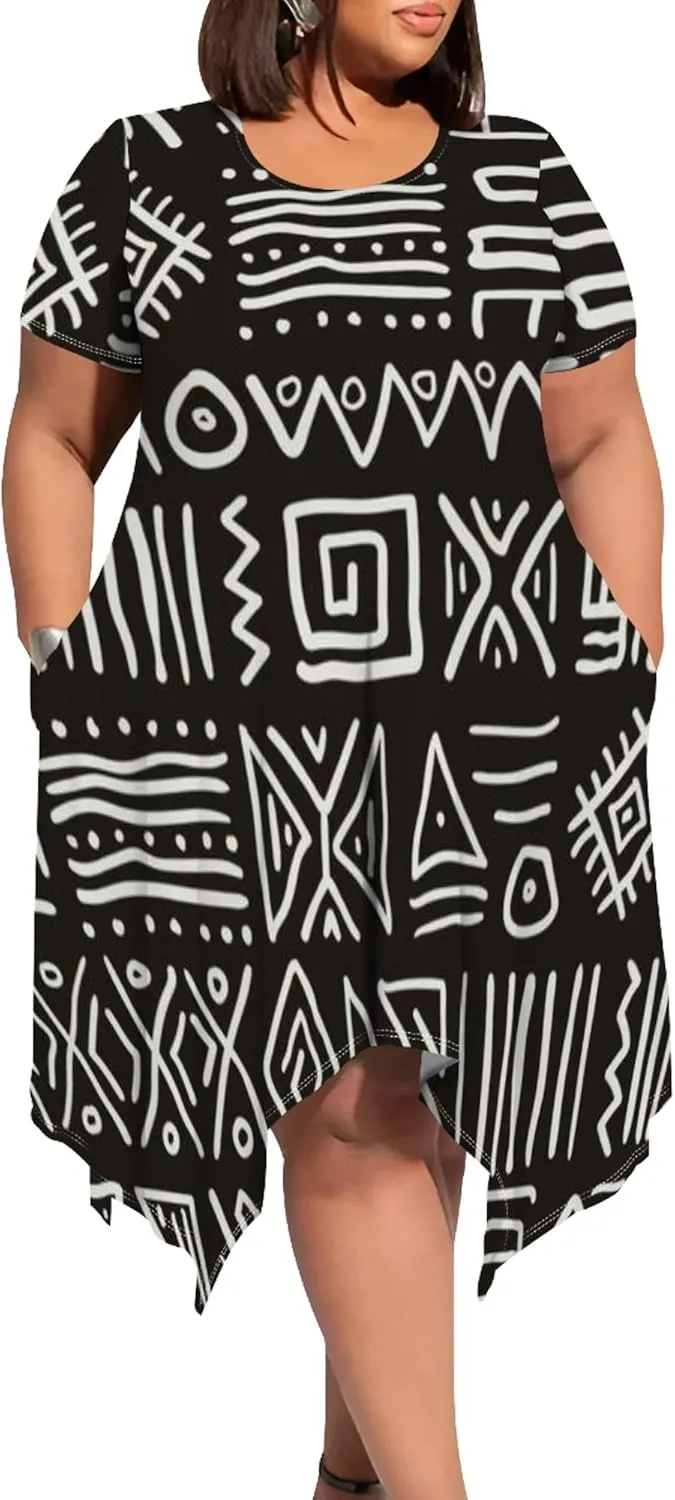 Large Size Curve Slim Tshirt Dress Plus Size Short Sleeve Midi Dress African Tribal Print Dress with Pockets
