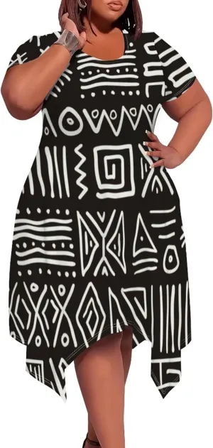 Large Size Curve Slim Tshirt Dress Plus Size Short Sleeve Midi Dress African Tribal Print Dress with Pockets