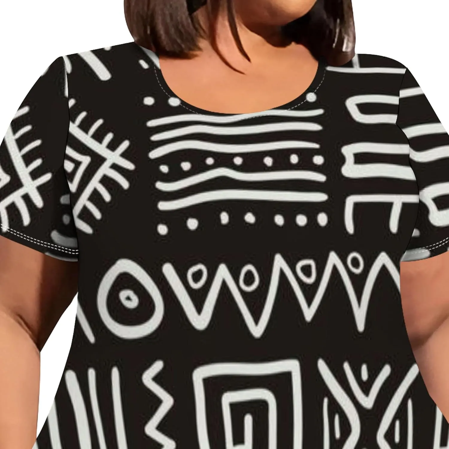 Large Size Curve Slim Tshirt Dress Plus Size Short Sleeve Midi Dress African Tribal Print Dress with Pockets