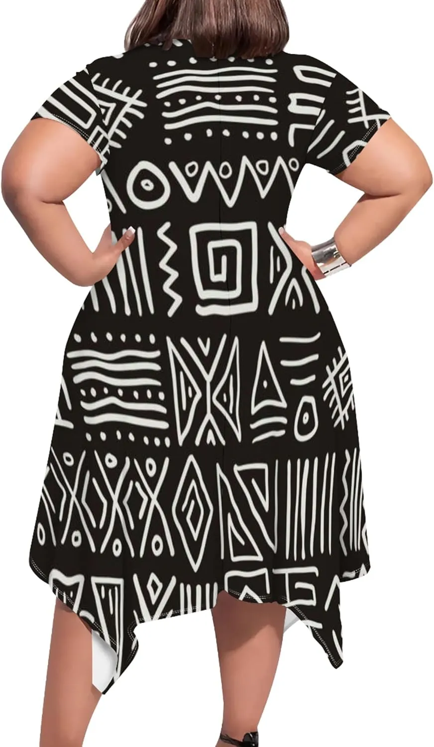 Large Size Curve Slim Tshirt Dress Plus Size Short Sleeve Midi Dress African Tribal Print Dress with Pockets