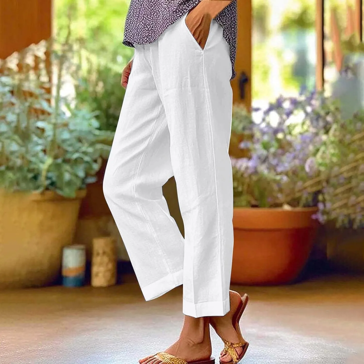 Light Weight Pants for Women Linen Pants Elastic Waist Straight Leg Plus Size Crop Pants Beach Trousers with Pockets
