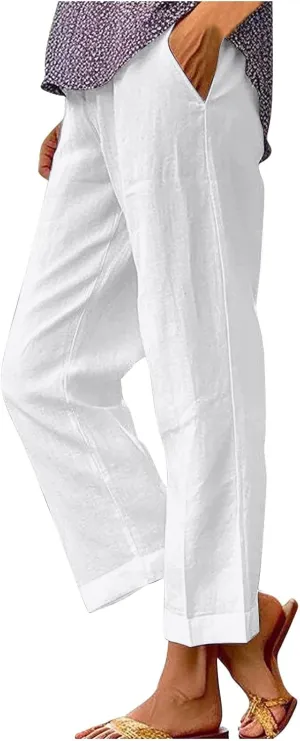 Light Weight Pants for Women Linen Pants Elastic Waist Straight Leg Plus Size Crop Pants Beach Trousers with Pockets
