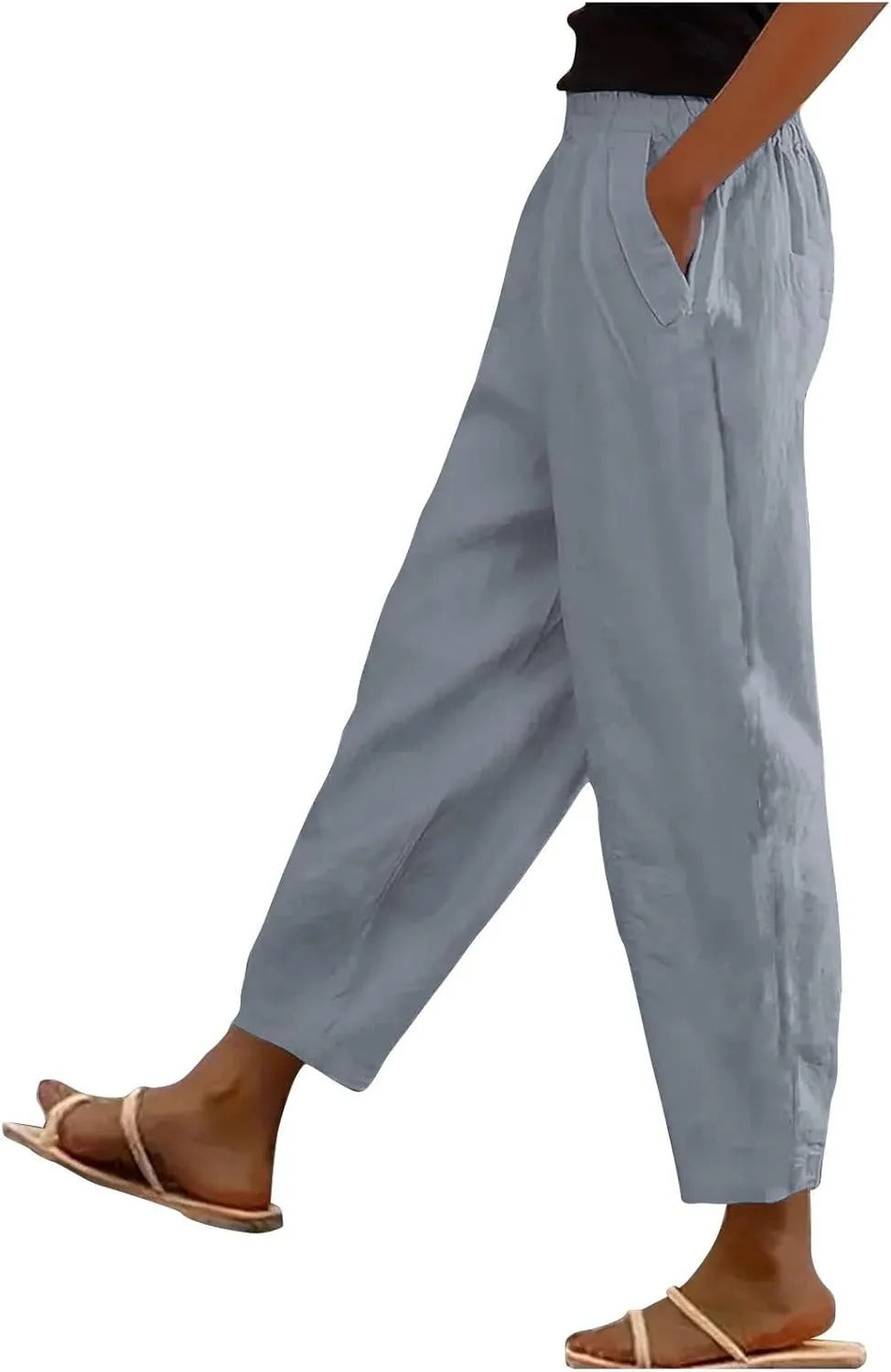 Linen Pants for Women High Waist Pants Plus Drawstring Elastic Waist Pants Trousers with Pockets Summer Casual Pants