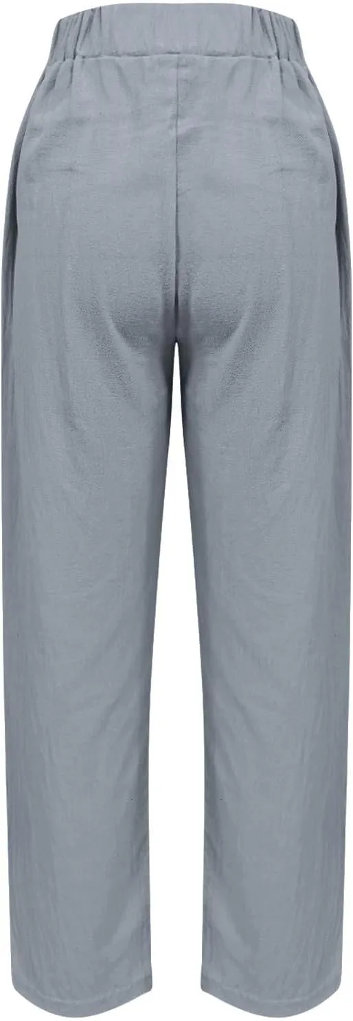 Linen Pants for Women High Waist Pants Plus Drawstring Elastic Waist Pants Trousers with Pockets Summer Casual Pants