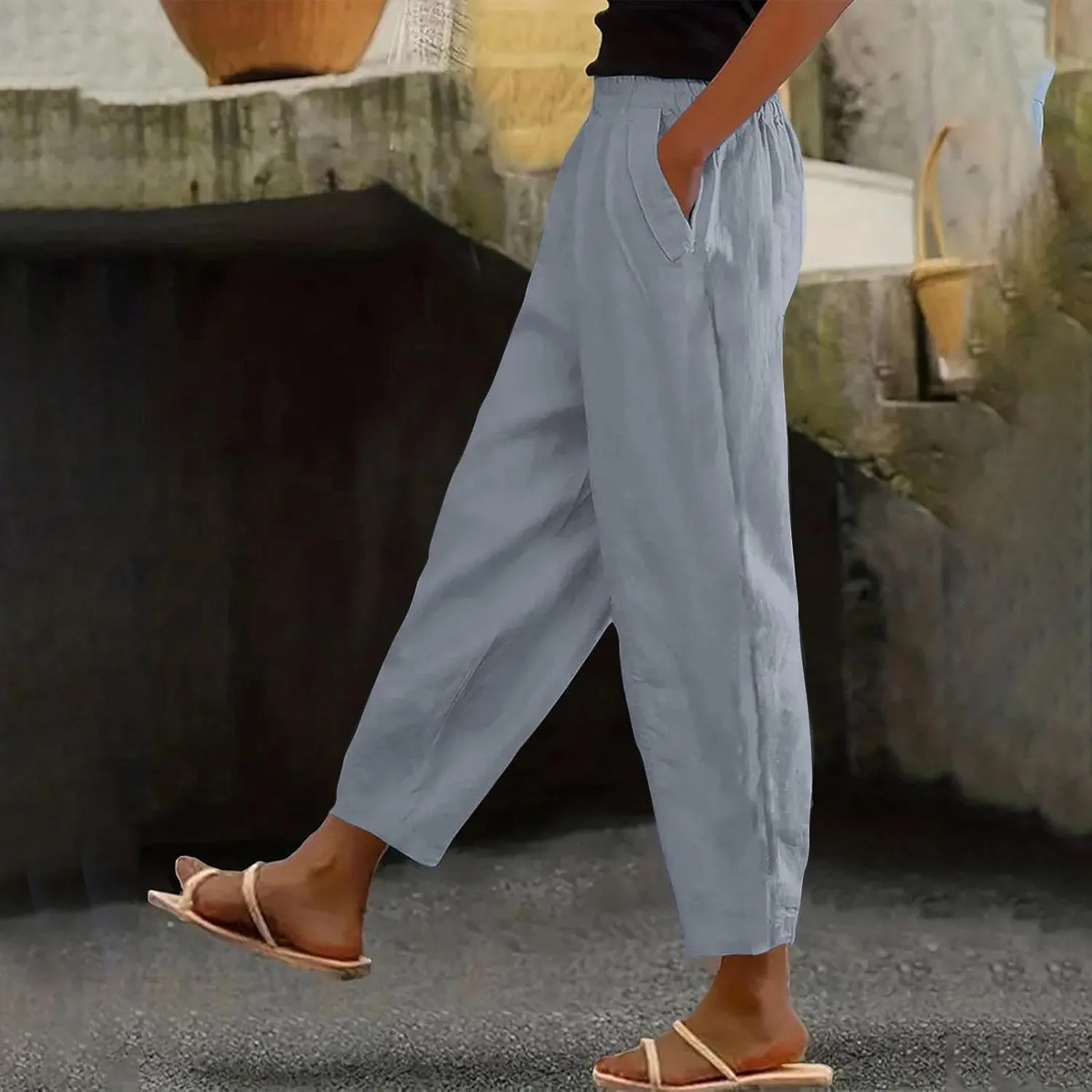 Linen Pants for Women High Waist Pants Plus Drawstring Elastic Waist Pants Trousers with Pockets Summer Casual Pants