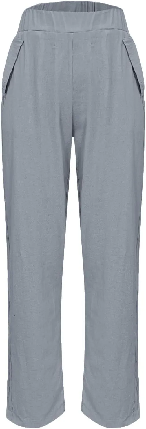 Linen Pants for Women High Waist Pants Plus Drawstring Elastic Waist Pants Trousers with Pockets Summer Casual Pants