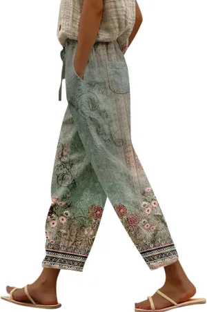Linen Pants for Women Summer 2024 Striped Casual Elastic High Waist Straight Leg Loose Boho Trendy Trousers Plus Size