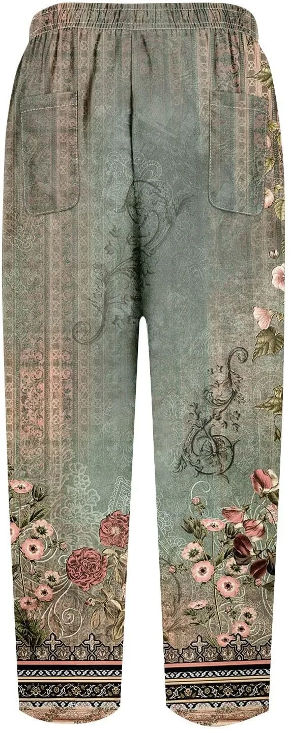 Linen Pants for Women Summer 2024 Striped Casual Elastic High Waist Straight Leg Loose Boho Trendy Trousers Plus Size