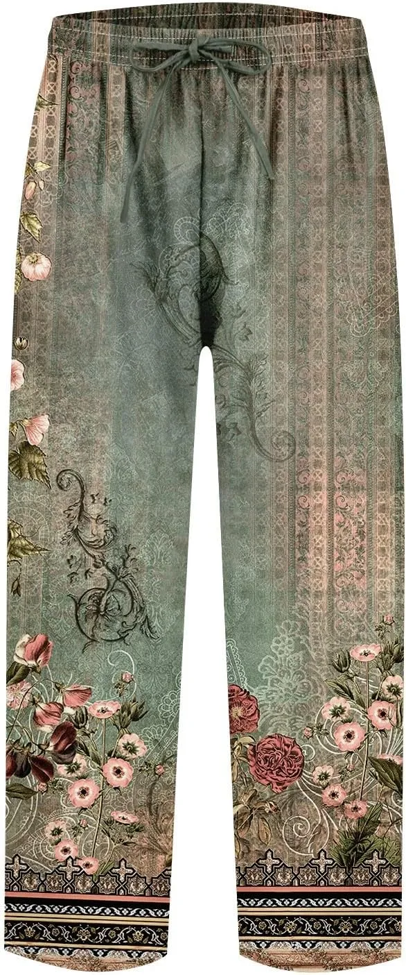 Linen Pants for Women Summer 2024 Striped Casual Elastic High Waist Straight Leg Loose Boho Trendy Trousers Plus Size