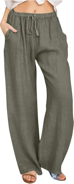 Linen Pants Women Casual Linen High Waist Pant Loose Fit Summer Pants Trousers Cotton Linen Palazzo Pants with Pockets