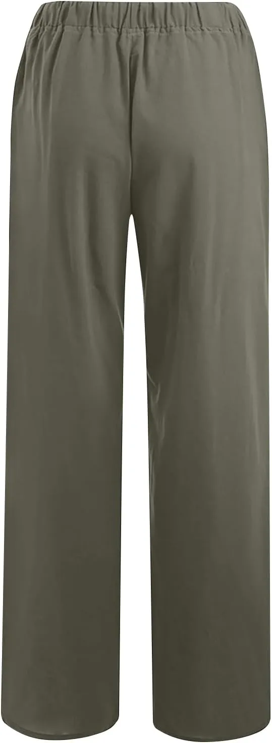 Linen Pants Women Casual Linen High Waist Pant Loose Fit Summer Pants Trousers Cotton Linen Palazzo Pants with Pockets