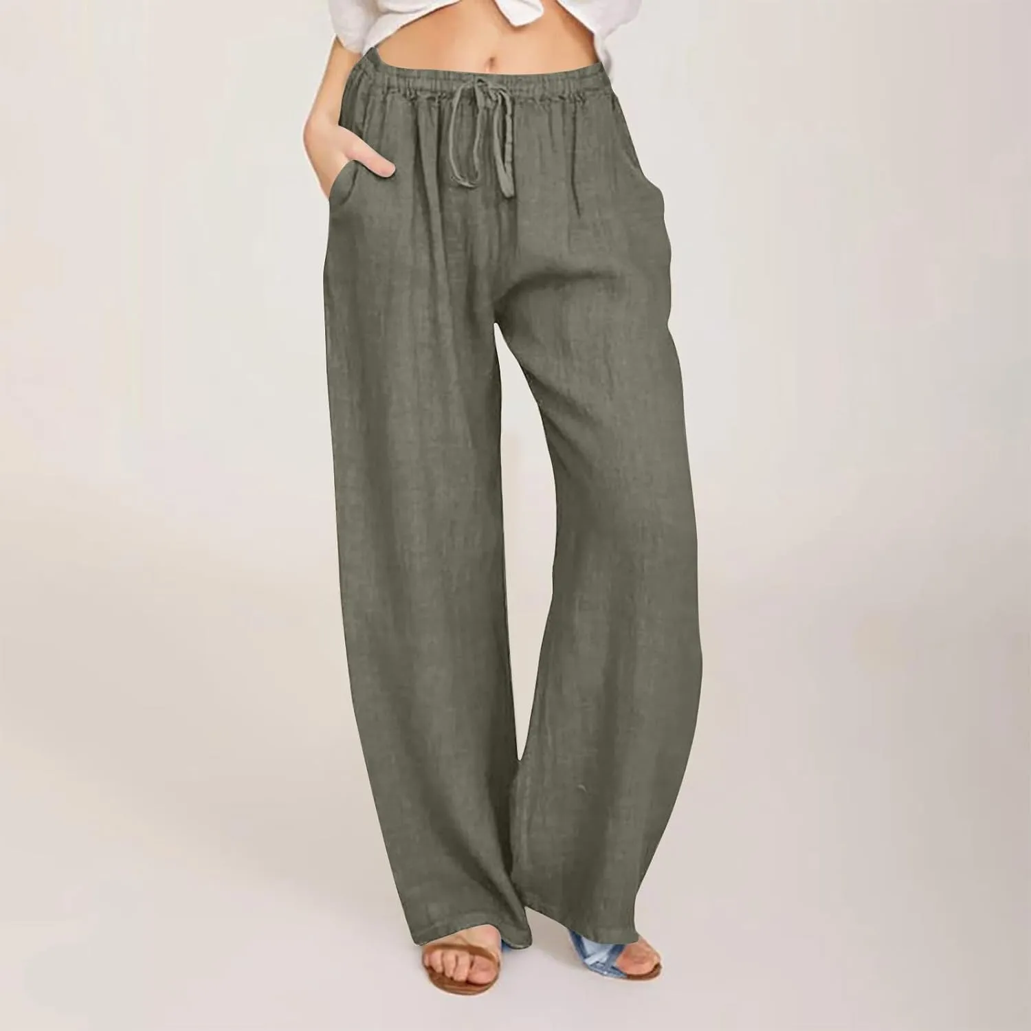 Linen Pants Women Casual Linen High Waist Pant Loose Fit Summer Pants Trousers Cotton Linen Palazzo Pants with Pockets