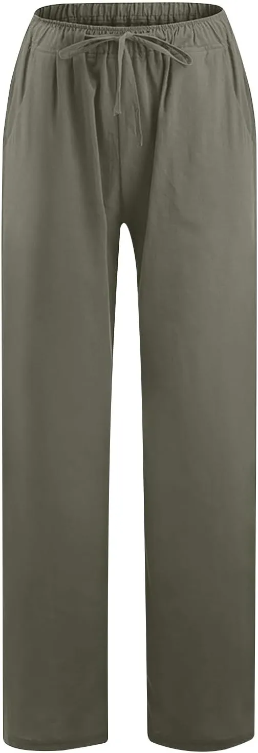 Linen Pants Women Casual Linen High Waist Pant Loose Fit Summer Pants Trousers Cotton Linen Palazzo Pants with Pockets