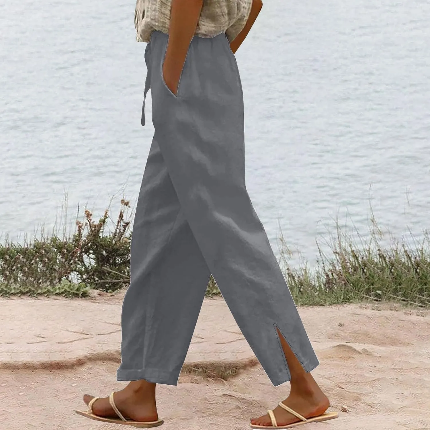 Linen Pants Women High Waist Elastic Straight Leg Lounge Pant 2025 Summer Casual Loose Lightweight Beach Trousers