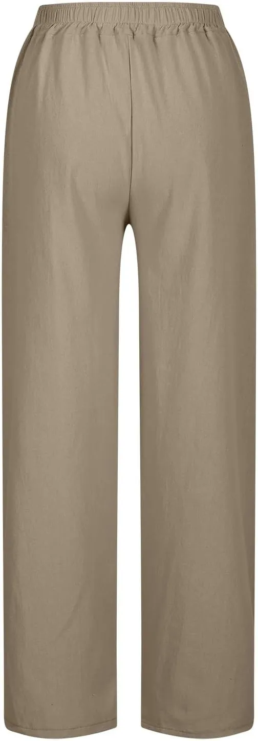 Linen Pants Women High Waist Elastic Straight Leg Lounge Pant 2025 Summer Casual Loose Lightweight Beach Trousers
