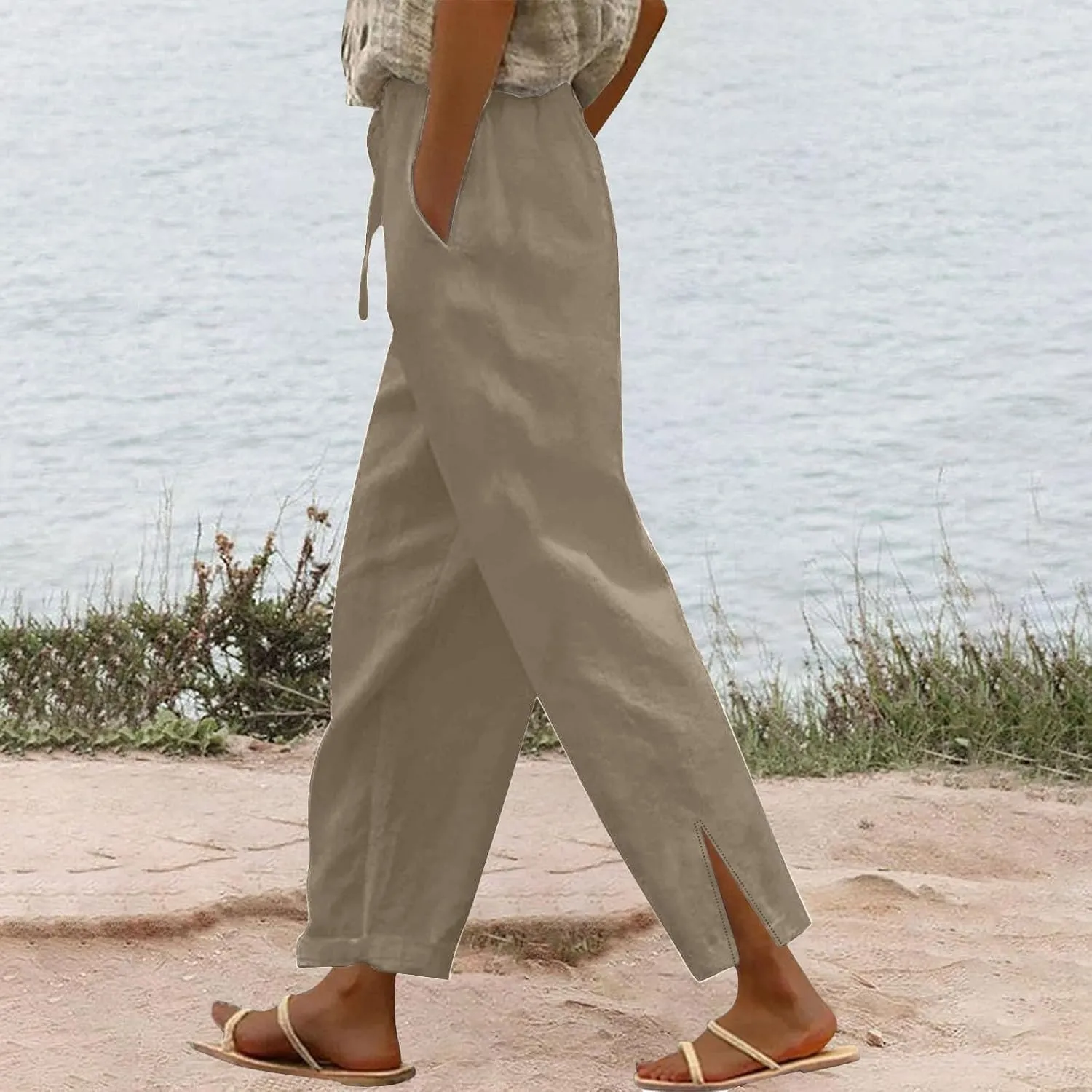 Linen Pants Women High Waist Elastic Straight Leg Lounge Pant 2025 Summer Casual Loose Lightweight Beach Trousers