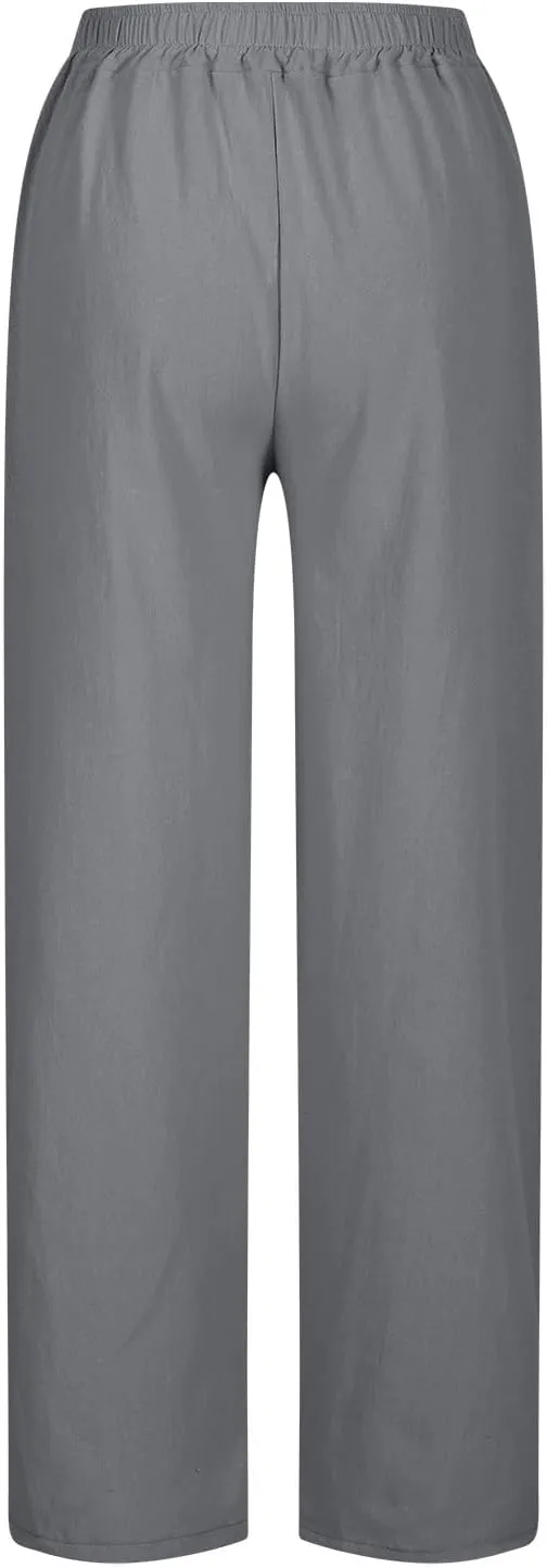 Linen Pants Women High Waist Elastic Straight Leg Lounge Pant 2025 Summer Casual Loose Lightweight Beach Trousers