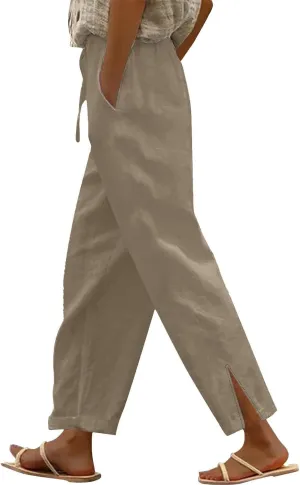 Linen Pants Women High Waist Elastic Straight Leg Lounge Pant 2025 Summer Casual Loose Lightweight Beach Trousers