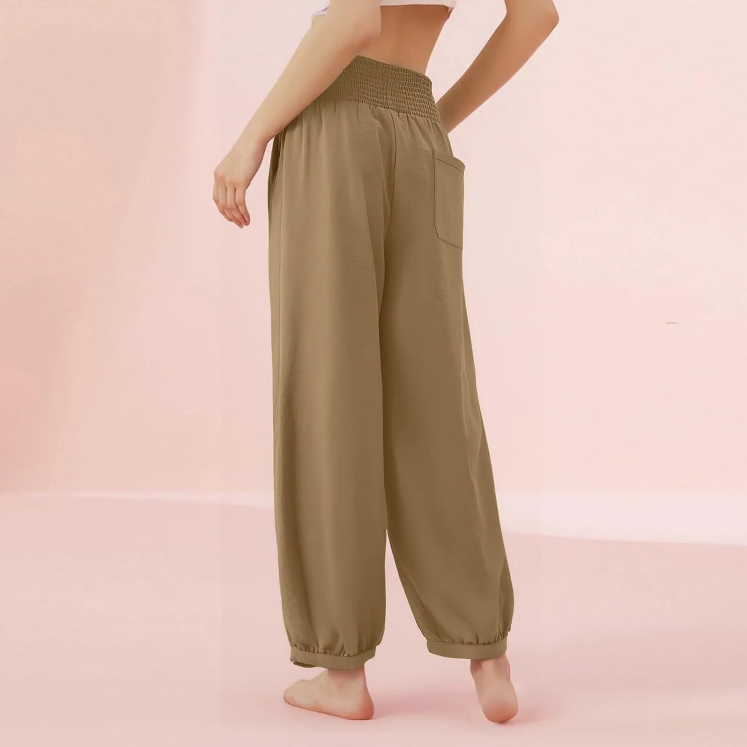 Linen Pants Women Smocked Elastic Waist Casual Summer Palazzo Pants Boho Baggy Wide Leg Trousers with Pockets