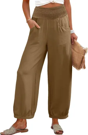 Linen Pants Women Smocked Elastic Waist Casual Summer Palazzo Pants Boho Baggy Wide Leg Trousers with Pockets