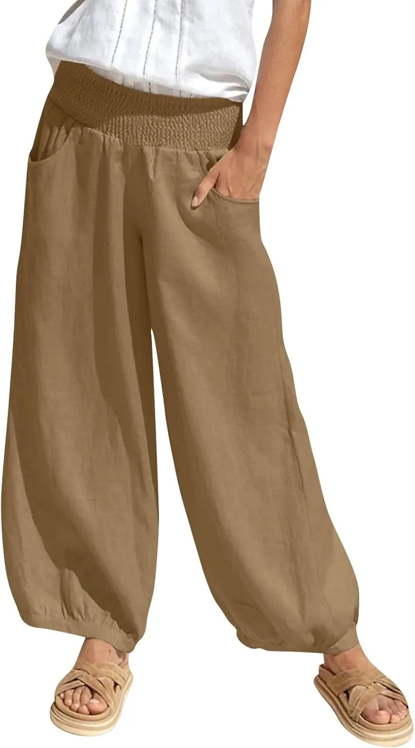 Linen Pants Women Smocked Elastic Waist Casual Summer Palazzo Pants Boho Baggy Wide Leg Trousers with Pockets