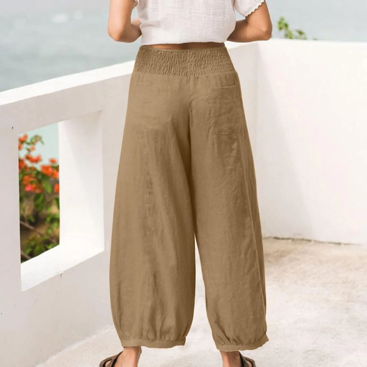 Linen Pants Women Smocked Elastic Waist Casual Summer Palazzo Pants Boho Baggy Wide Leg Trousers with Pockets