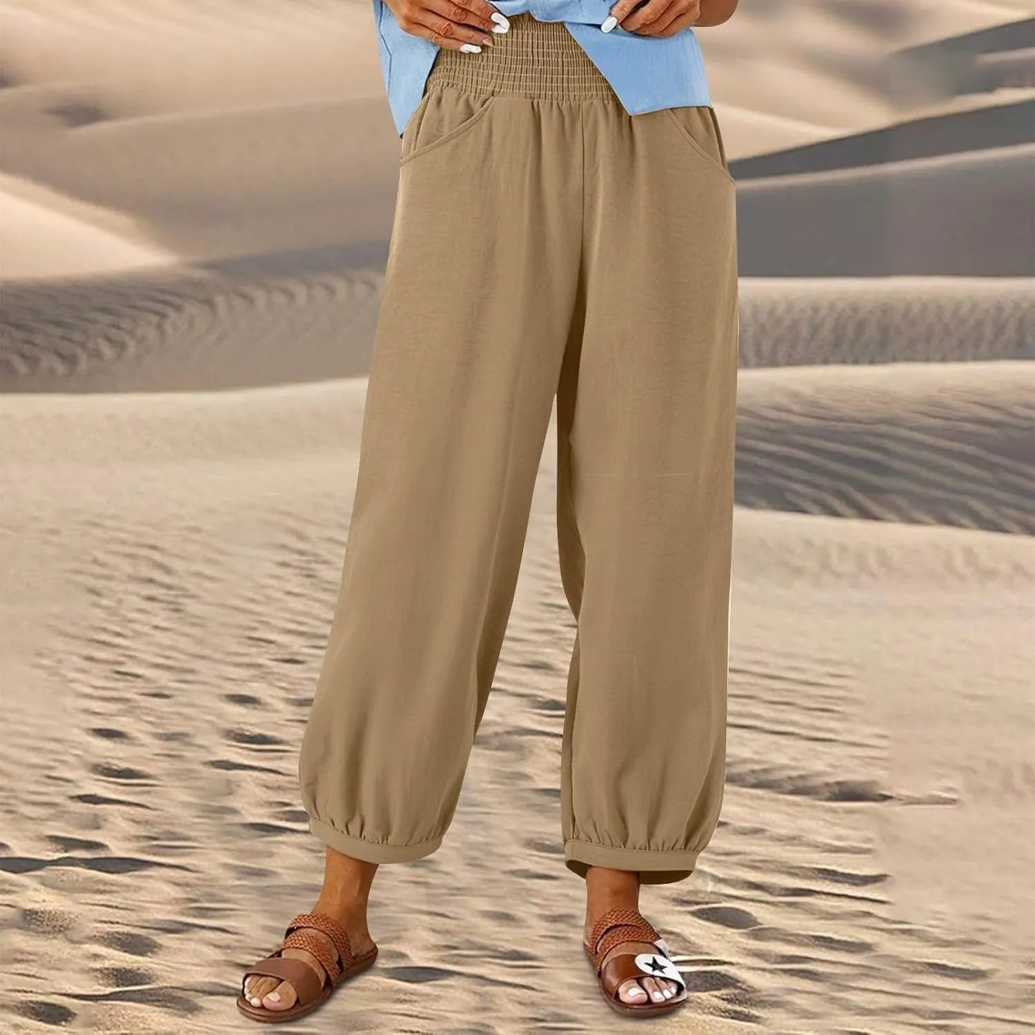 Linen Pants Women Smocked Elastic Waist Casual Summer Palazzo Pants Boho Baggy Wide Leg Trousers with Pockets