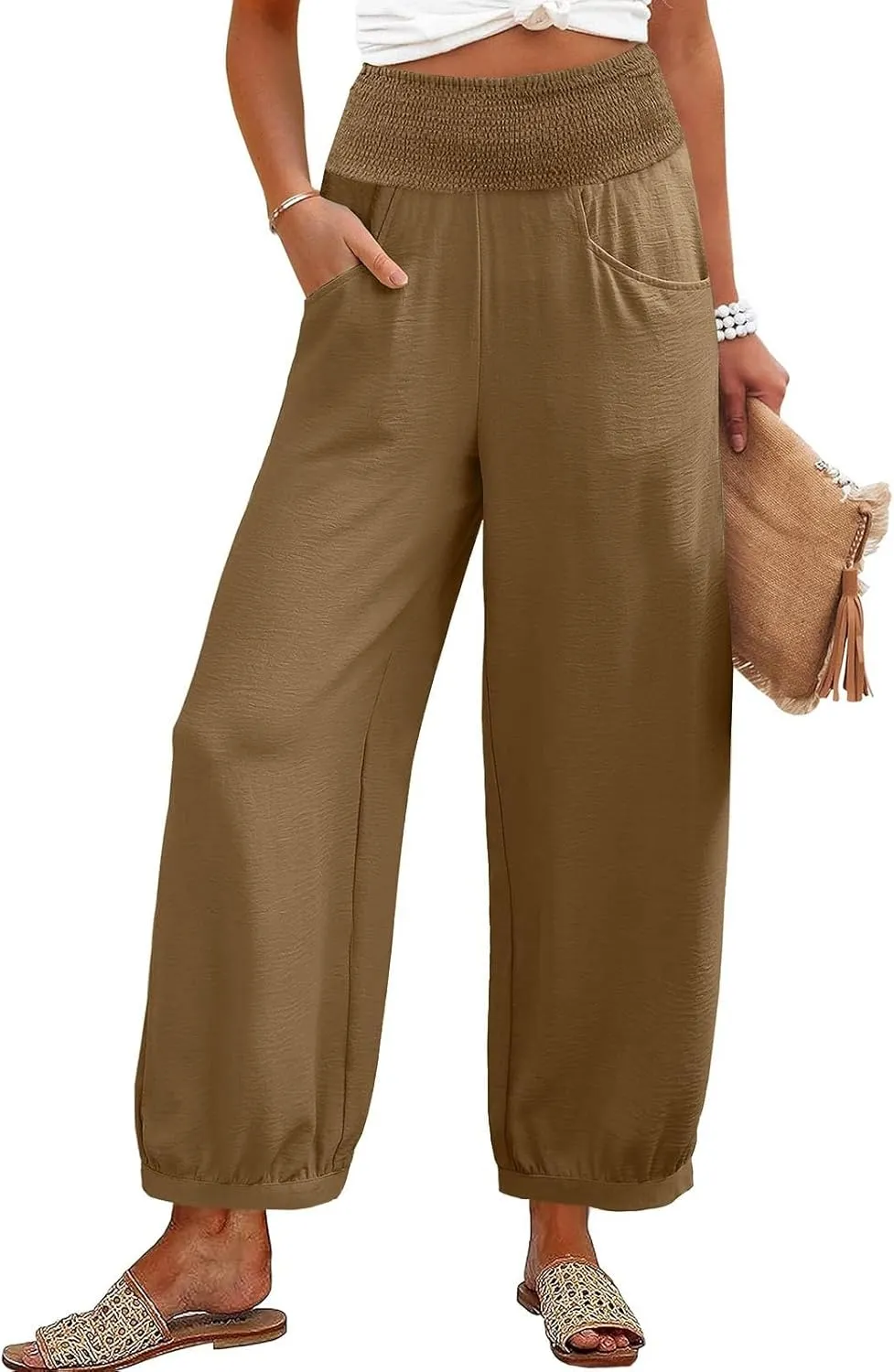 Linen Pants Women Smocked Elastic Waist Casual Summer Palazzo Pants Boho Baggy Wide Leg Trousers with Pockets