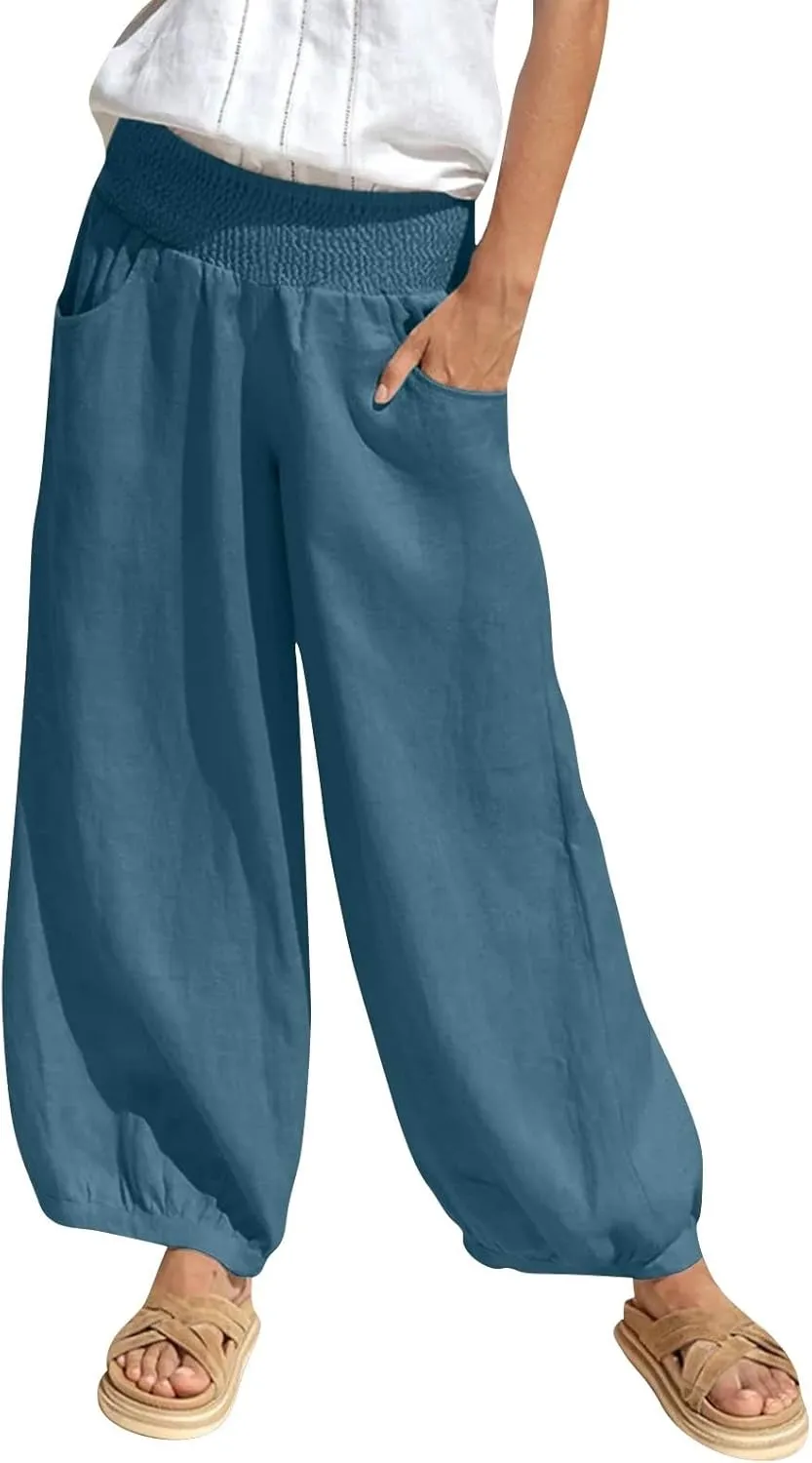 Linen Pants Women Smocked Elastic Waist Casual Summer Palazzo Pants Boho Baggy Wide Leg Trousers with Pockets