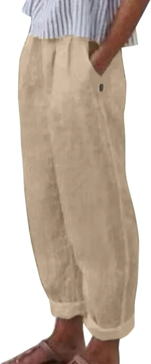 Linen Pants Women Summer Elastic Waist Straight Leg Lounge Pants Solid Color Lightweight Trendy Trousers with Pocket
