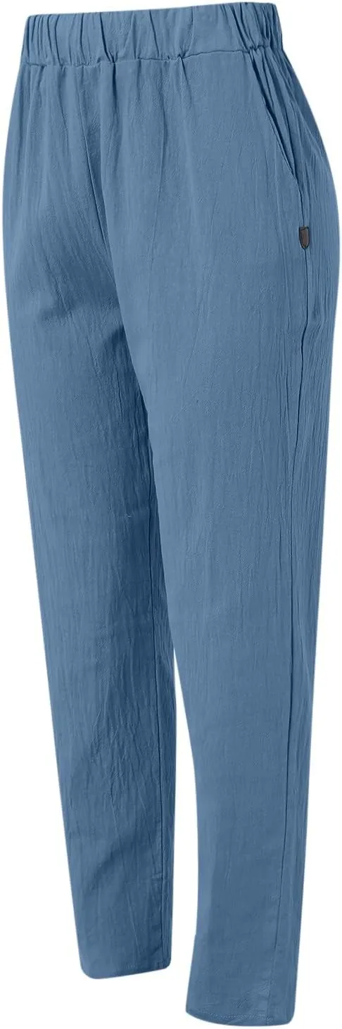 Linen Pants Women Summer Elastic Waist Straight Leg Lounge Pants Solid Color Lightweight Trendy Trousers with Pocket