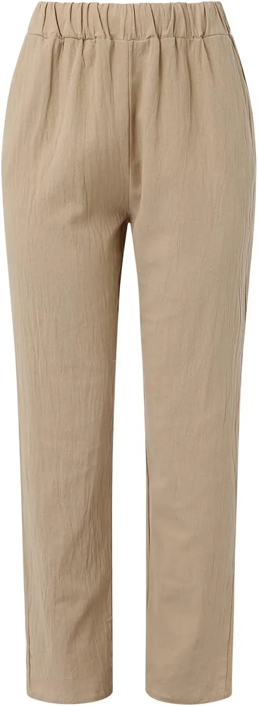 Linen Pants Women Summer Elastic Waist Straight Leg Lounge Pants Solid Color Lightweight Trendy Trousers with Pocket