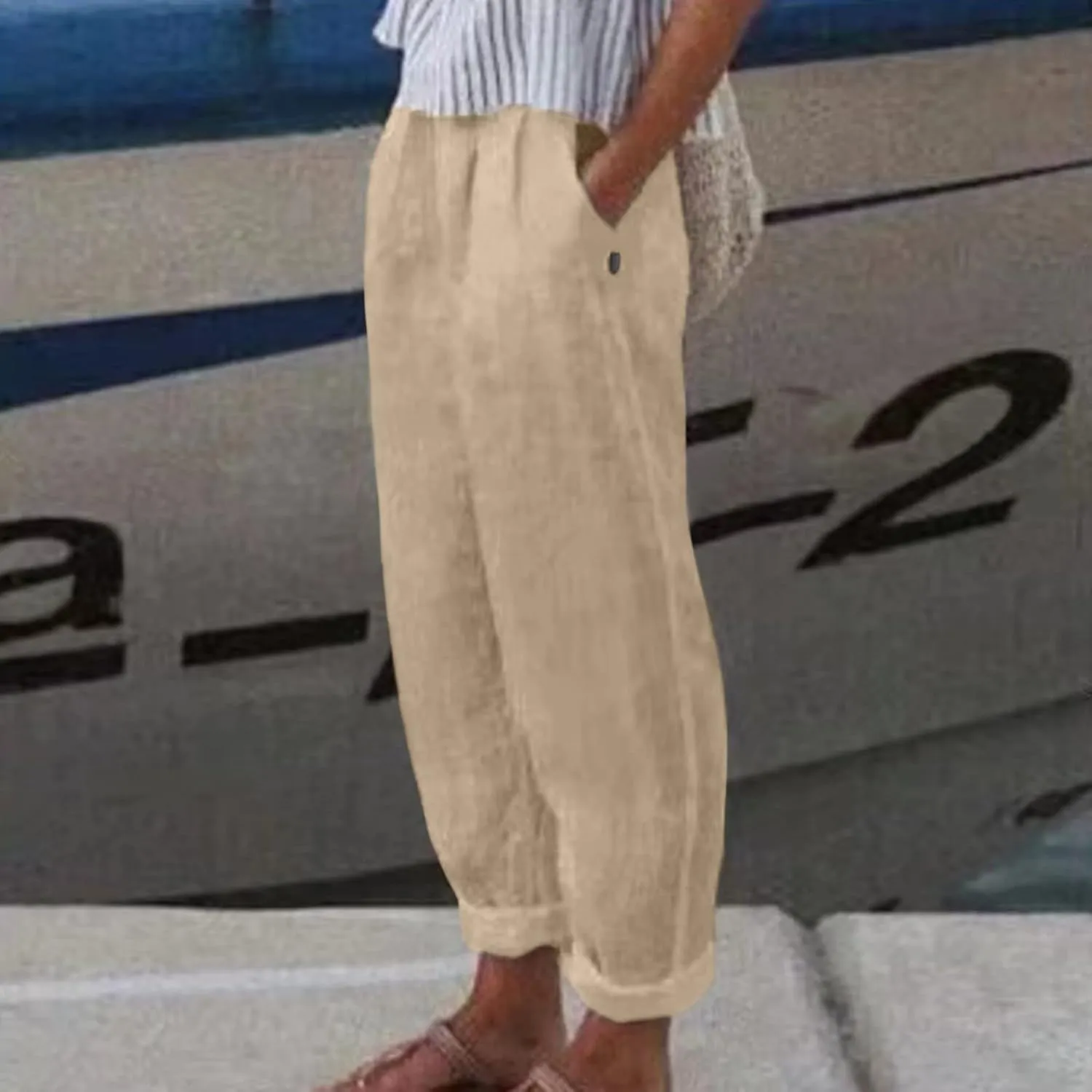 Linen Pants Women Summer Elastic Waist Straight Leg Lounge Pants Solid Color Lightweight Trendy Trousers with Pocket