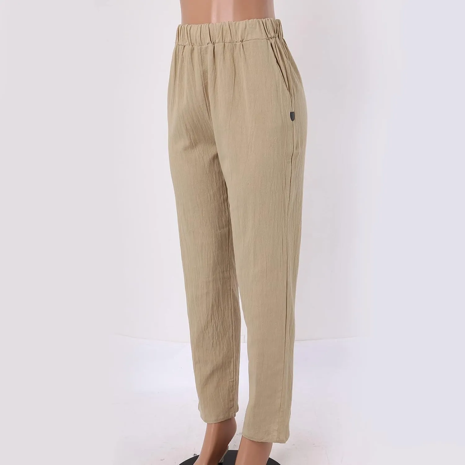 Linen Pants Women Summer Elastic Waist Straight Leg Lounge Pants Solid Color Lightweight Trendy Trousers with Pocket