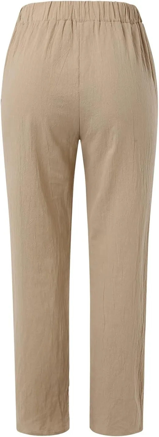 Linen Pants Women Summer Elastic Waist Straight Leg Lounge Pants Solid Color Lightweight Trendy Trousers with Pocket