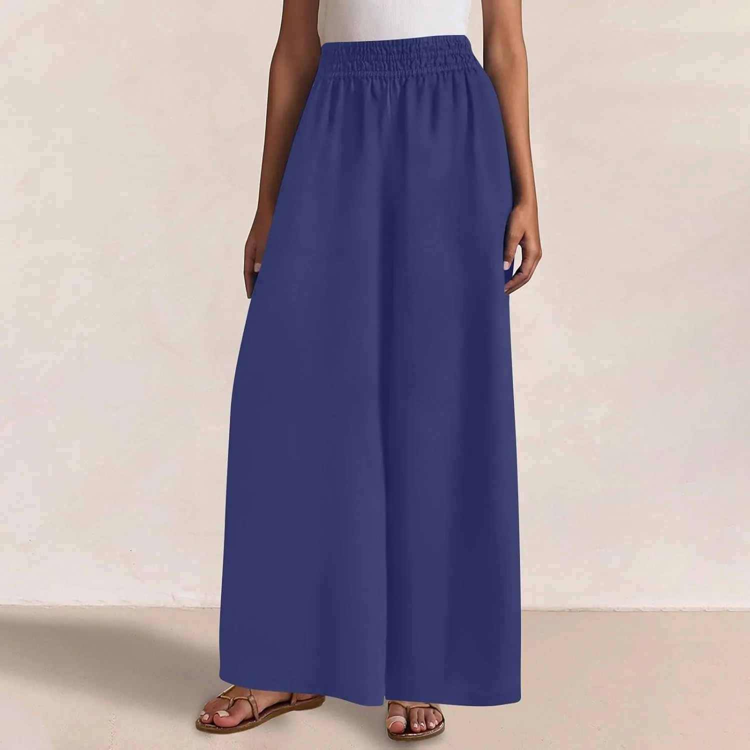 Linen Pants Women Summer Wide Leg Palazzo Pants Casual Elastic Waist Pants Vacation Flowy Linen Trousers with Pockets