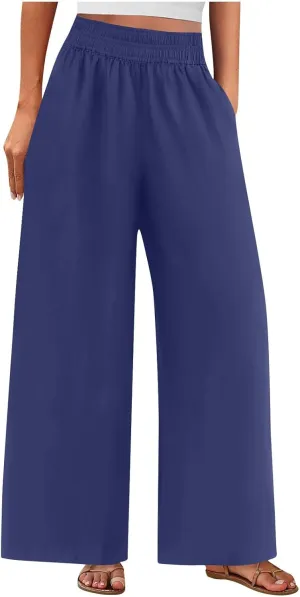 Linen Pants Women Summer Wide Leg Palazzo Pants Casual Elastic Waist Pants Vacation Flowy Linen Trousers with Pockets