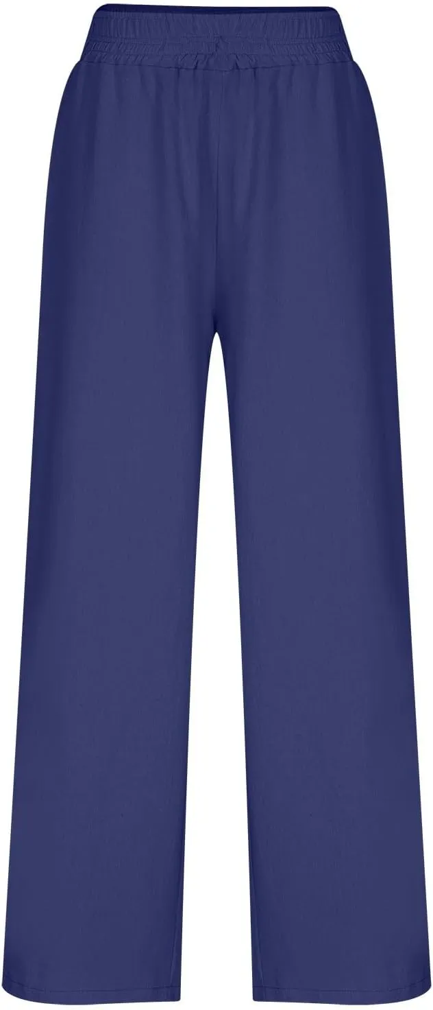 Linen Pants Women Summer Wide Leg Palazzo Pants Casual Elastic Waist Pants Vacation Flowy Linen Trousers with Pockets