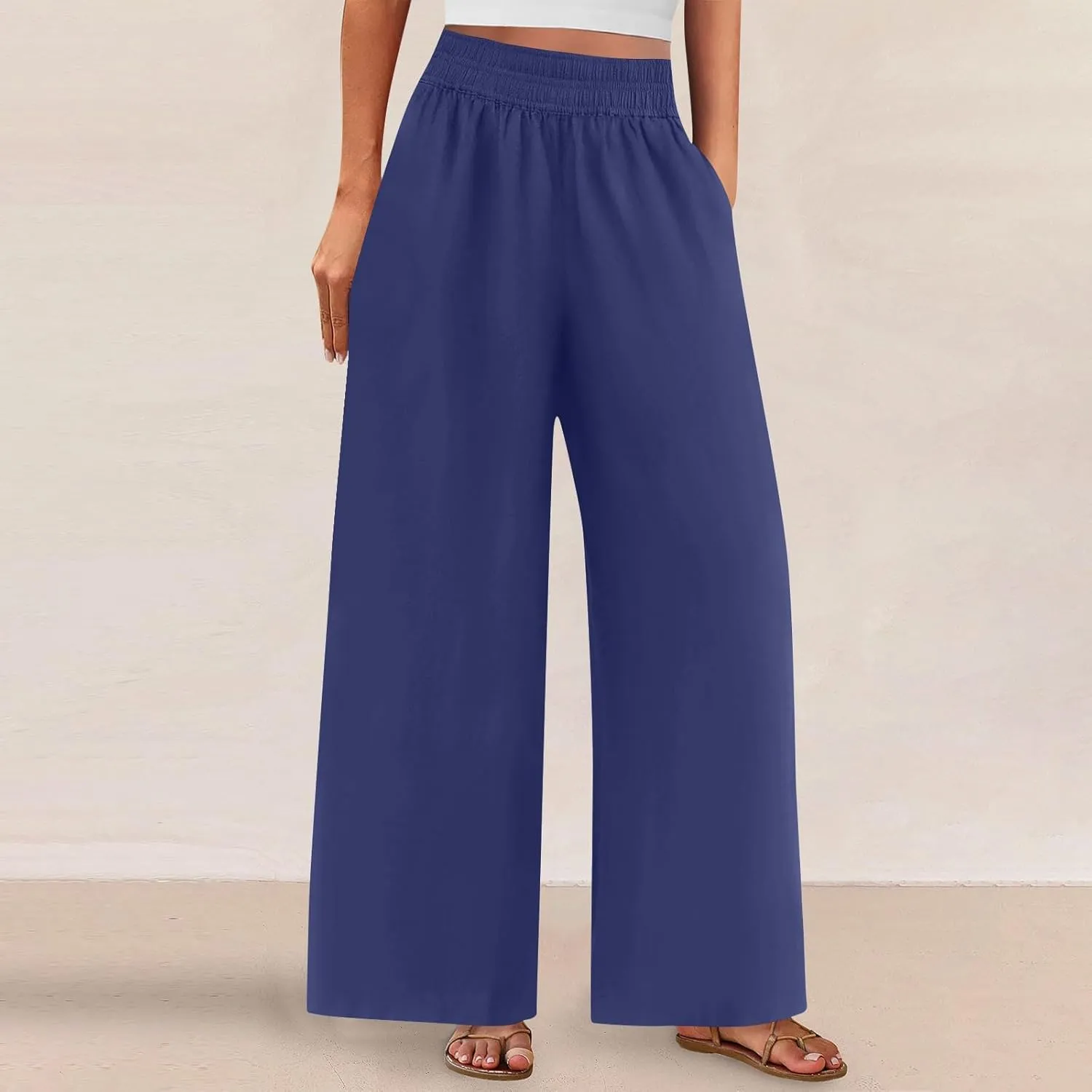 Linen Pants Women Summer Wide Leg Palazzo Pants Casual Elastic Waist Pants Vacation Flowy Linen Trousers with Pockets