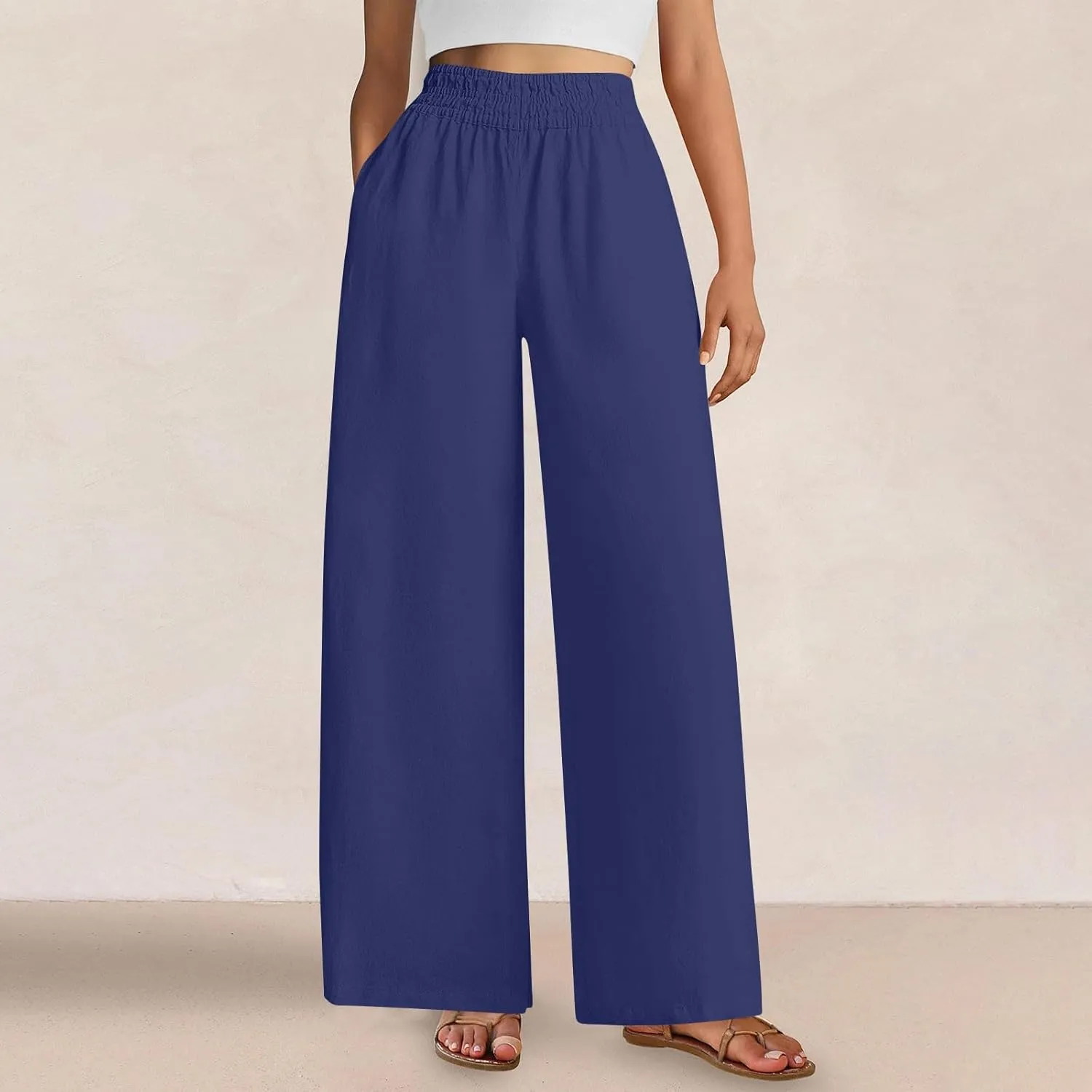 Linen Pants Women Summer Wide Leg Palazzo Pants Casual Elastic Waist Pants Vacation Flowy Linen Trousers with Pockets