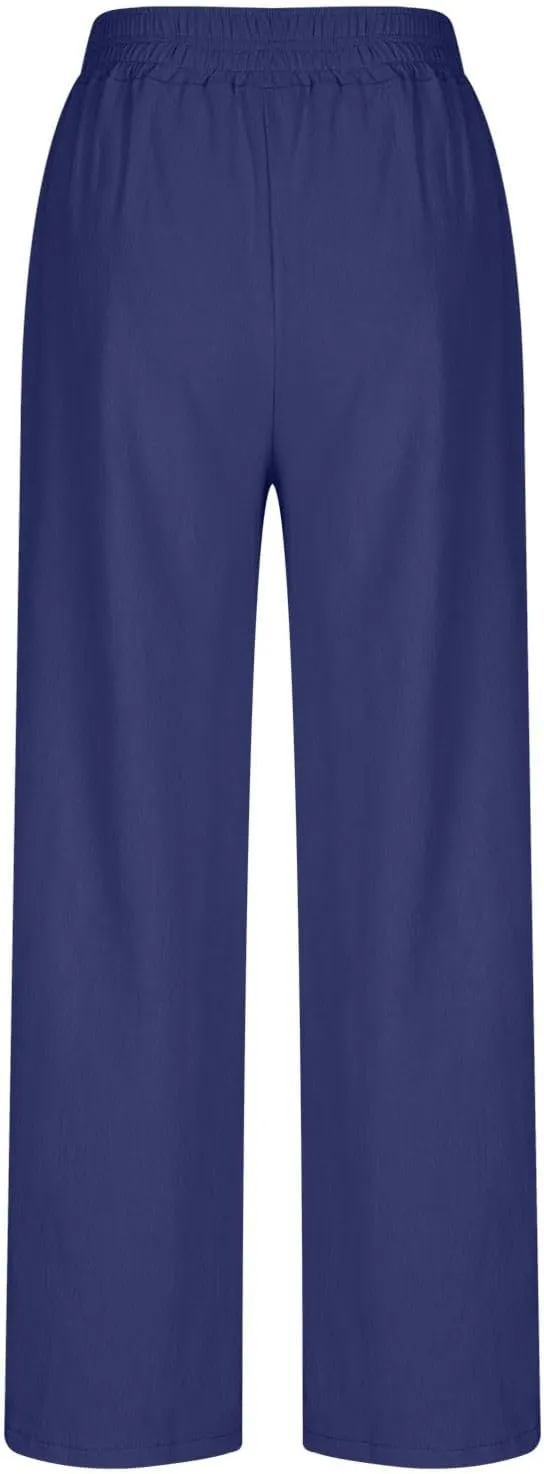 Linen Pants Women Summer Wide Leg Palazzo Pants Casual Elastic Waist Pants Vacation Flowy Linen Trousers with Pockets