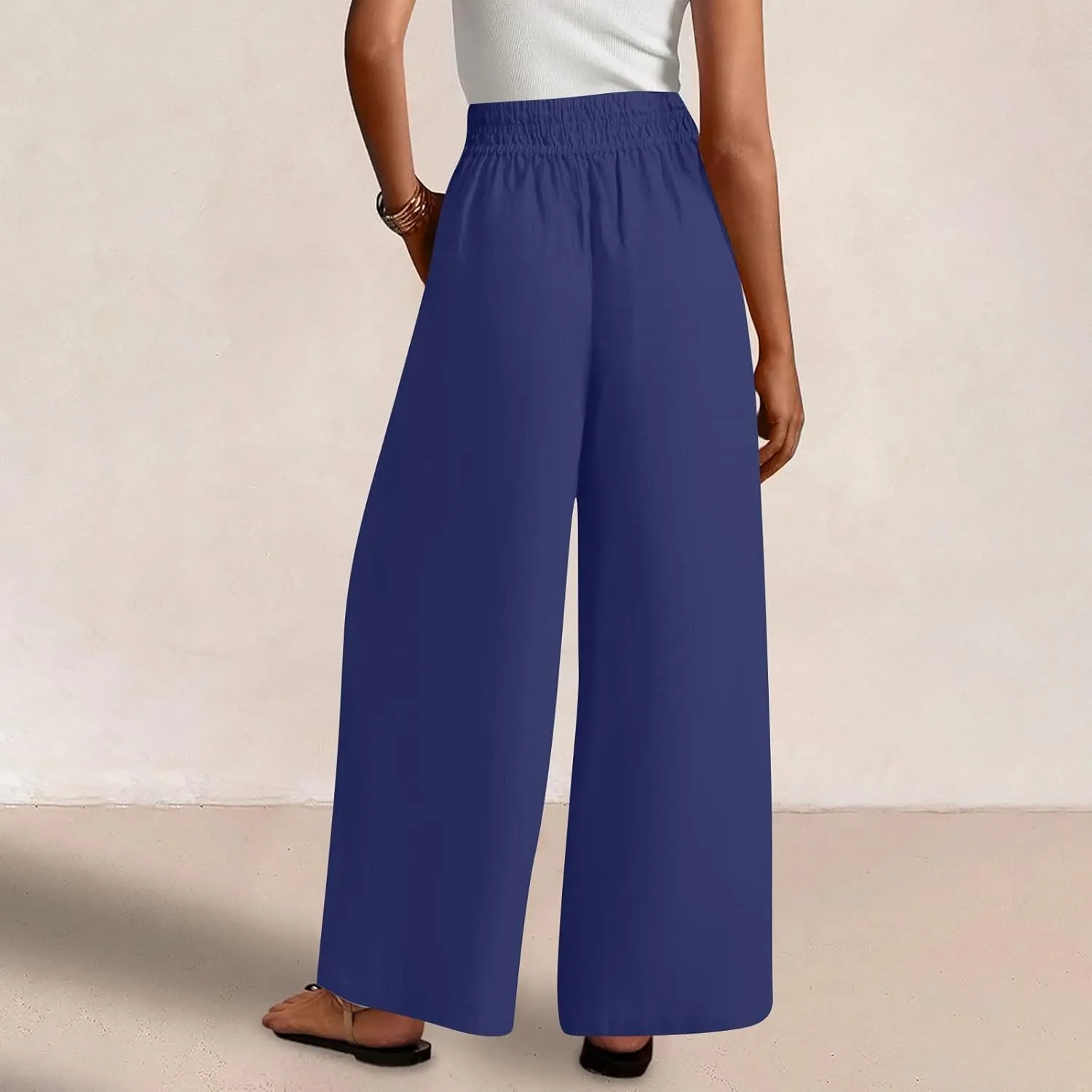 Linen Pants Women Summer Wide Leg Palazzo Pants Casual Elastic Waist Pants Vacation Flowy Linen Trousers with Pockets